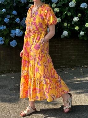 Banjanan Poppy Midi-Maxi Puff Sleeve Dress in Golden Marine | XS